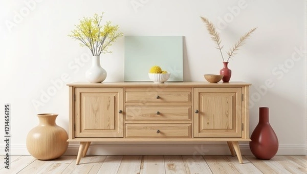 Fototapeta Elegant wooden sideboard with three drawers and two doors rests on a pristine white wall. A touch of mystery hints at hidden treasures within