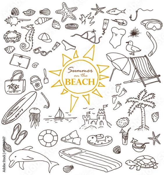 Fototapeta Hand-drawn doodles of the summer on the beach objects: water, surfing, cream, swimming, cap, crab, jellyfish, dolphin. Line art illustrations.