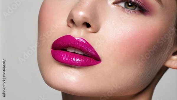 Fototapeta A closeup of a person with glossy fuchsia lipstick that shines vibrantly against their fair skin. The minimalist style features a simple neutral background that highlights the