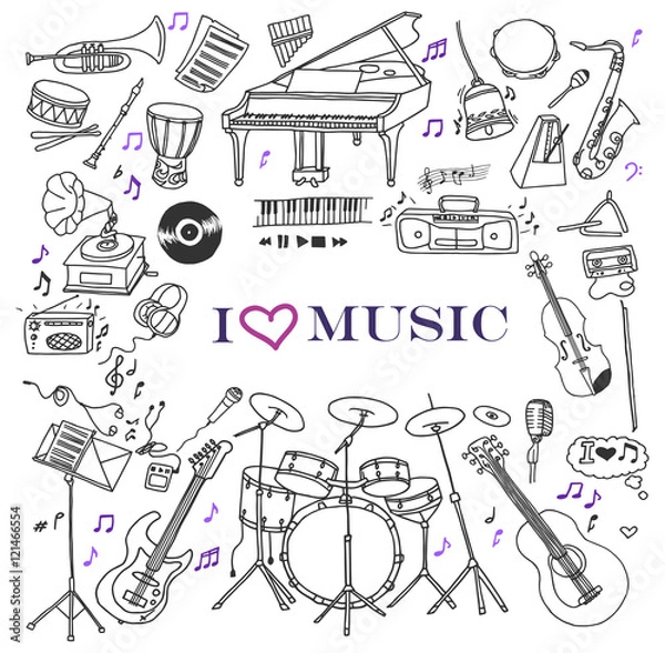 Fototapeta Hand-drawn doodles of the music instruments and objects: guitar, drums, violin, piano, saxophone, bass guitar, etc. Line art illustrations.