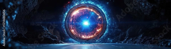 Fototapeta glowing mechanical gyroscope in dark environment, radiating energy and light, creating futuristic atmosphere