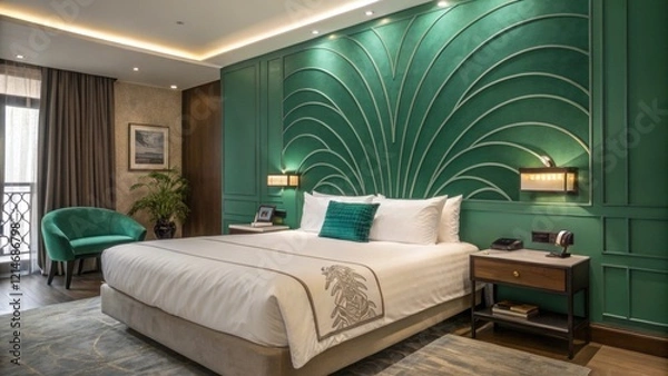 Obraz A cozy retreat showcases a vivid emerald green accent wall creating an energetic backdrop for the elegant white linens and plush pillows adorned on the bed. The standout headboard