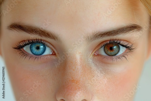 Fototapeta Closeup of person with heterochromia showing blue and brown eyes and freckled skin detailed realistic style