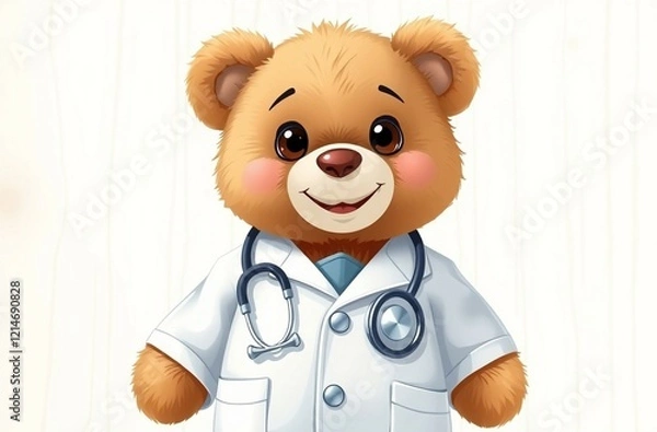 Fototapeta Teddy bear doctor with a stethoscope in a fuzzy setting.