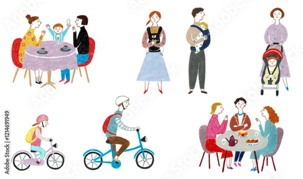 Fototapeta 手描きイラスト　子育て世代　男性と女性と子供のセット