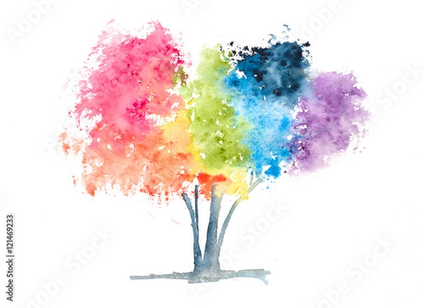 Obraz Rainbow color tree on white, watercolor hand painted