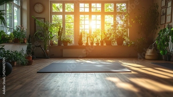 Obraz  Fitness coach demonstrating exercises during live-streamed workout session in bright home gym with yoga mats, weights, and upbeat music while followers actively participate.