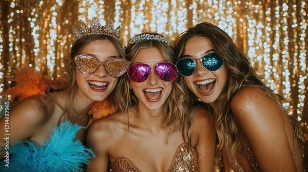 Fototapeta  Friends laughing in prom photo booth, dressed up with props like feather boas, oversized sunglasses, and tiaras against shimmering gold sequin backdrop, capturing joyful celebration.
