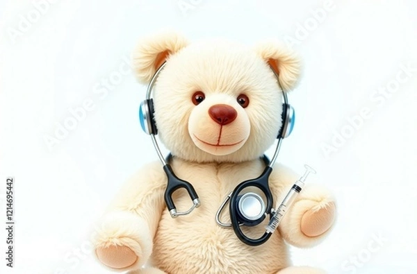 Fototapeta Teddy bear doctor with a stethoscope in a fuzzy setting.