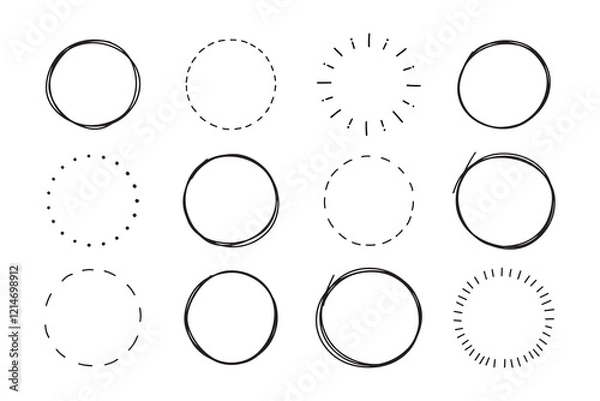 Fototapeta Hand drawn doodle circle highlight set. Vector marker circular lines, collection sketch circles for design.