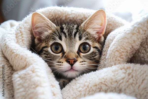 Obraz Curious kitten peeking out from a cozy blanket, illuminated by soft morning light, displaying bright eyes