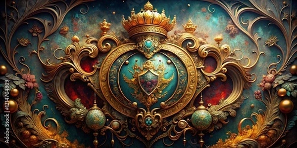 Fototapeta Surreal Vintage Royal Crest Labels: Grunge, Gold, and Fantasy Design Elements