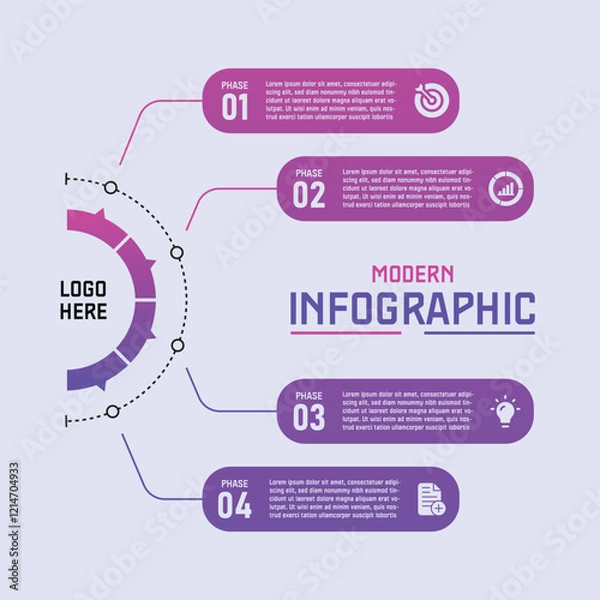 Fototapeta Professional business modern infographic template with 4 steps, colored gradations of blue and purple isolated on clean background