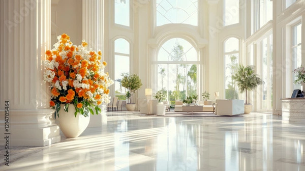 Fototapeta Sunlit Grand Lobby with Floral Arrangement and Floor-to-Ceiling Windows