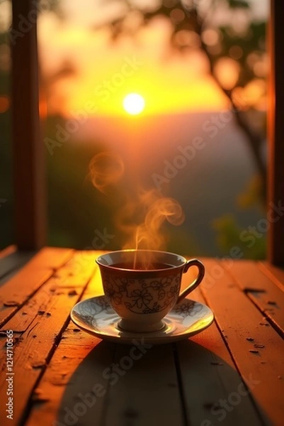 Fototapeta A dreamy kitchen scene with a steaming cup of tea on a rustic wooden table.
