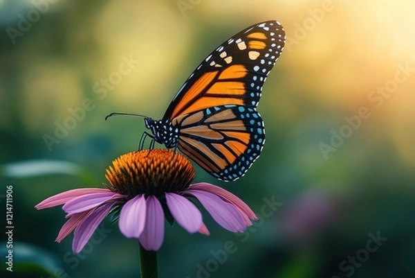 Fototapeta Close-up of a Monarch Butterfly Resting on a Pink Coneflower Petal in Soft Natural Light with a Beautiful Bokeh Background