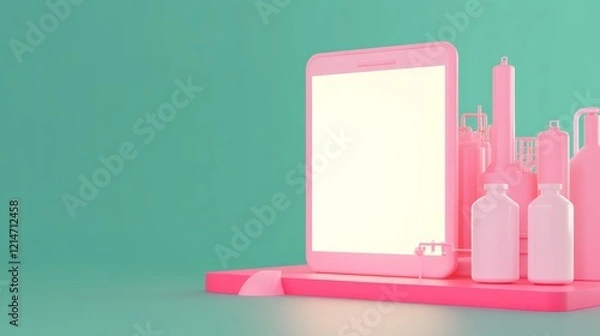Fototapeta A stylish pink tablet next to various bottles, set against a vibrant teal background, creating a modern and playful aesthetic.