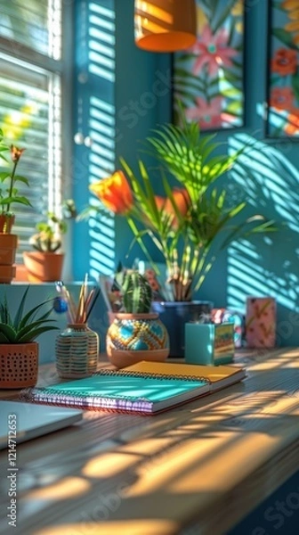 Fototapeta There are many potted plants on a desk in a room, vertical background