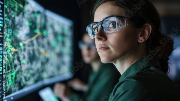 Obraz A team of environmental scientists analyzing data on climate change in a high-tech lab, interactive digital displays showcasing carbon emissions reduction plans, serious and focused expressions,