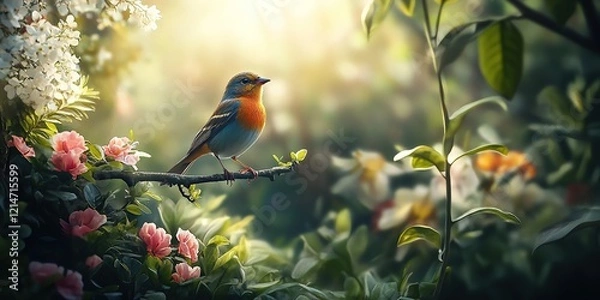 Fototapeta A colorful chaffinch bird perched on the branch of an enchanted garden