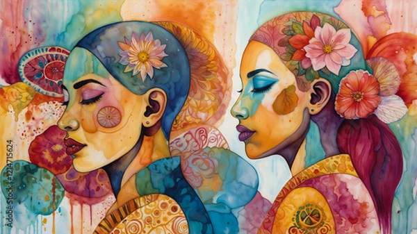 Obraz Dreamlike Harmony in Traditional and modern Thai Art prainting: An Abstract Portrait of Three Women, Showcasing Intricate Patterns, Cultural Depth, and Timeless Beauty
