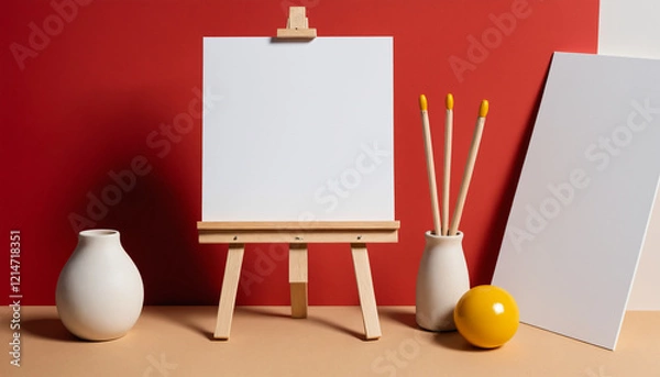 Fototapeta easel with blank canvas on red background, perfect for art-related content and workshops