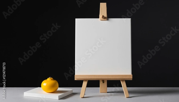 Fototapeta easel with blank canvas on black background, perfect for art-related content and workshops