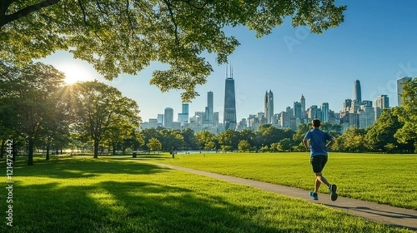 Fototapeta A jogger running through a green city park with a clear sky and city skyline in the background."