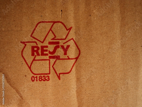 Fototapeta Red carton RESY recyclable sign. Emballage Certificat. Signage on product cardboard box. Environment protection. Recycled material sign. Express goods delivery. Remote trading. Courier post services