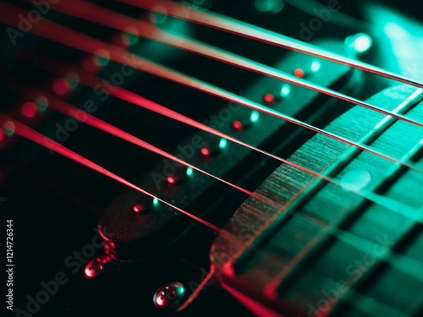 Fototapeta Electric guitar strings close up. Musical instrument details. Concert color contrast lighting. Six-string guitar during performance. Bright colors on dark background. Cinematic light. Copy space