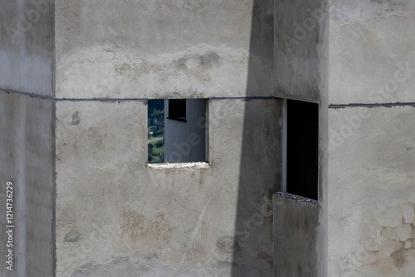 Fototapeta detail of two window openings in masonry and reinforced concrete walls in the construction of a condominium building number 1
