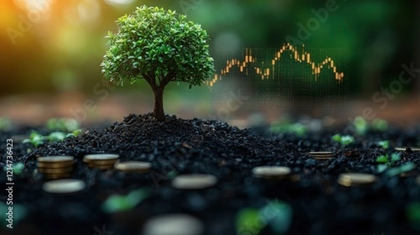 Fototapeta A young tree growing from fertile soil, surrounded by coins, with an upward trending graph illustrating financial growth, symbolizing prosperity and environmental sustainability.