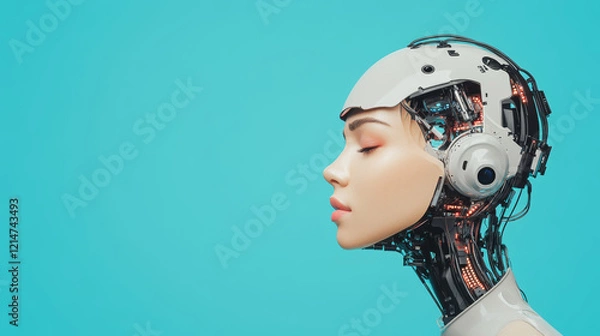 Fototapeta futuristic robotic head with intricate circuitry and sleek design, showcasing advanced technology and innovation. profile highlights blend of human like features and mechanical elements