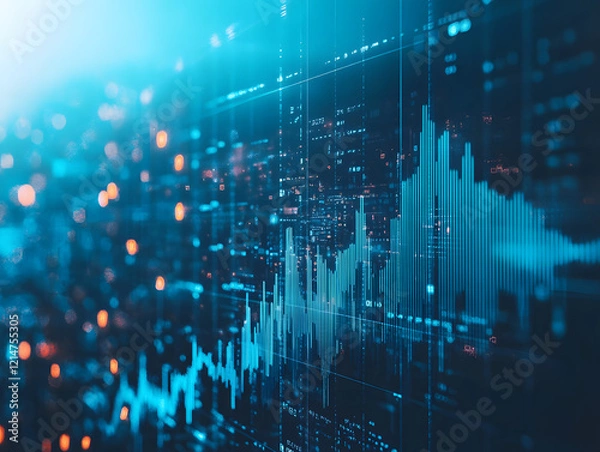 Obraz A blurred background with a blue finance graph and investment bar, showcasing growth and success in the market with technology currency reports chart. Business stock world economy AI computer