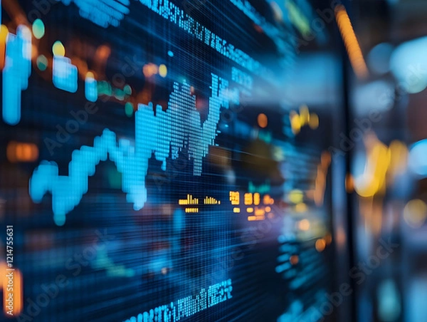Obraz A blurred background with a blue finance graph and investment bar, showcasing growth and success in the market with technology currency reports chart. Business stock world economy AI computer