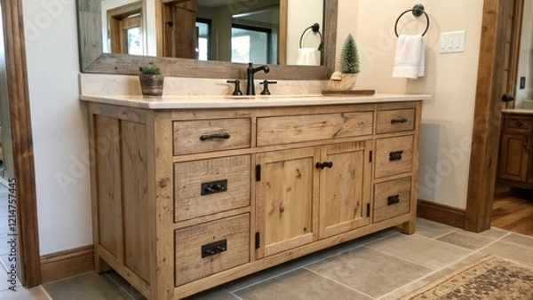 Fototapeta A handcrafted wooden vanity with a distressed finish offers ample storage featuring unique hardware that echoes the rustic theme. The large mirror above reflects the charming