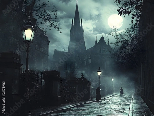 Obraz dark eerie gothic city street night architecture castle tower cathedral mist mysterious atmospheric full moon foggy haunted Victorian-era horror Halloween religion church vampire