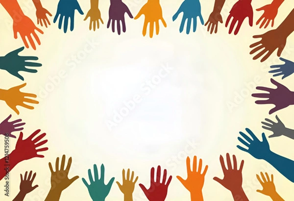 Fototapeta Colorful hands of various sizes and shades form a circle around a blank white space symbolizing unity and diversity copyspace