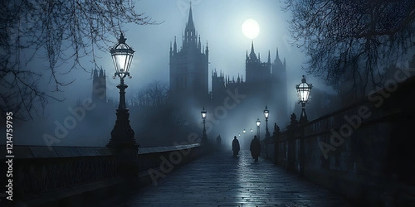 Obraz dark eerie gothic city street night architecture castle tower cathedral mist mysterious atmospheric full moon foggy haunted Victorian-era horror Halloween religion church vampire