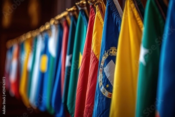 Fototapeta International Flags Hanging in a Row, Representing Global Unity and Cooperation