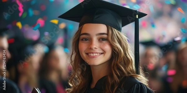 Fototapeta A joyful graduate celebrating with colorful confetti, symbolizing achievement and success. Perfect for education themes, celebratory ads, and motivational visuals.