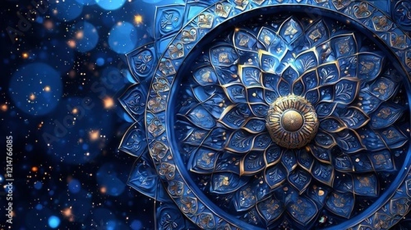 Fototapeta Intricate Blue and Gold Mandala with Sparkling Background: A Luxurious Artistic Design