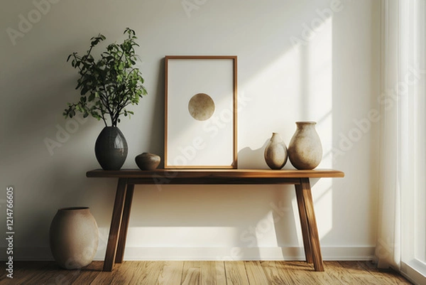 Fototapeta Minimalist Interior Design:  Wooden Console Table with Earthy Tones and Greenery