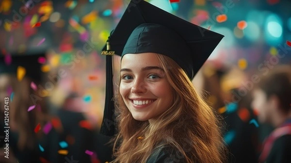 Fototapeta A joyful graduate celebrating with colorful confetti, symbolizing achievement and success. Perfect for education themes, celebratory ads, and motivational visuals.