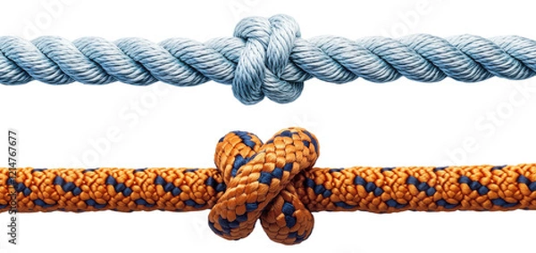 Fototapeta Blue and Orange Rope Knots Connection Teamwork and Strength Concept on transparent background