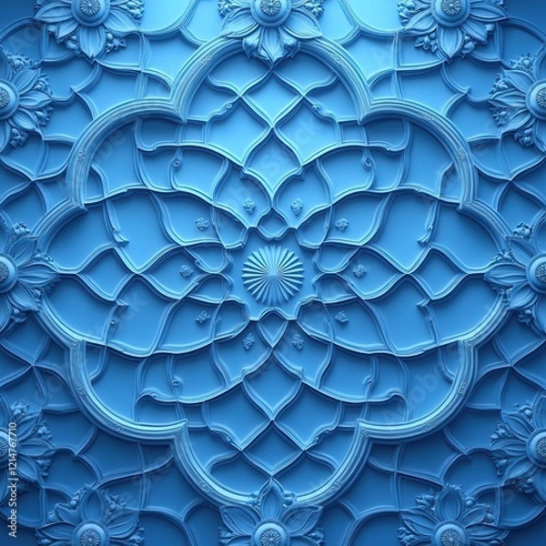 Fototapeta Intricate Blue Geometric 3D Pattern Design: Symmetrical Ornate Textured Mandala