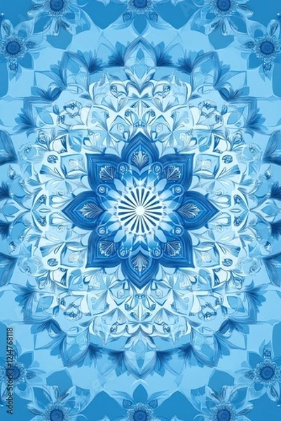 Fototapeta Intricate Blue Mandala with Repeating Geometric Patterns and Central Snowflake Motif