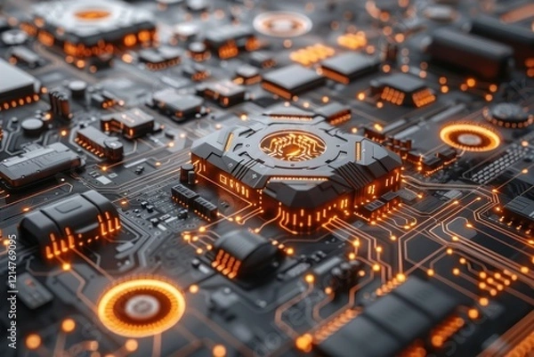 Fototapeta Intricate Circuit Board with Glowing Orange Components