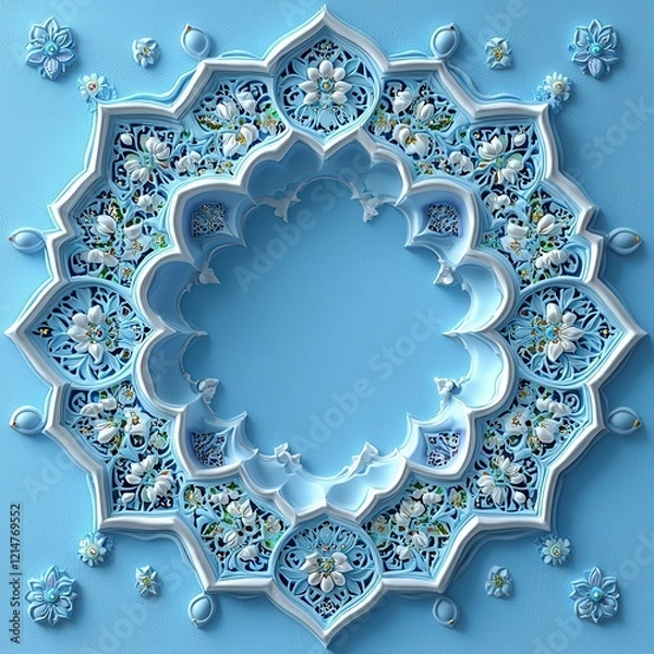 Obraz Intricate Circular Floral and Geometric Pattern in Blue and White 3D Rendering
