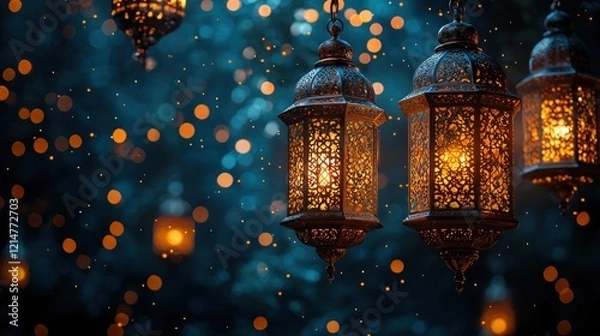 Fototapeta Intricate Glowing Lanterns in a Dark and Magical Setting